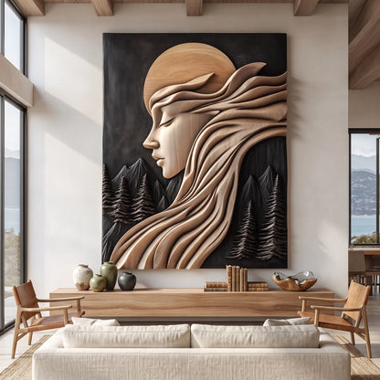 Moonlit Reverie Solid Wood Wall Art with Flowing Hair and Forest Landscape
