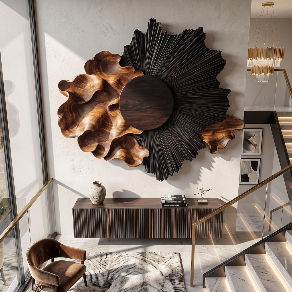 Radiant Black Sun Solid Wood Wall Sculpture with Flowing Organic Wave Design