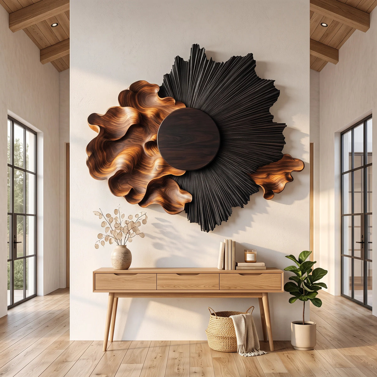 Radiant Black Sun Wall Sculpture – Flowing Organic Wave Design