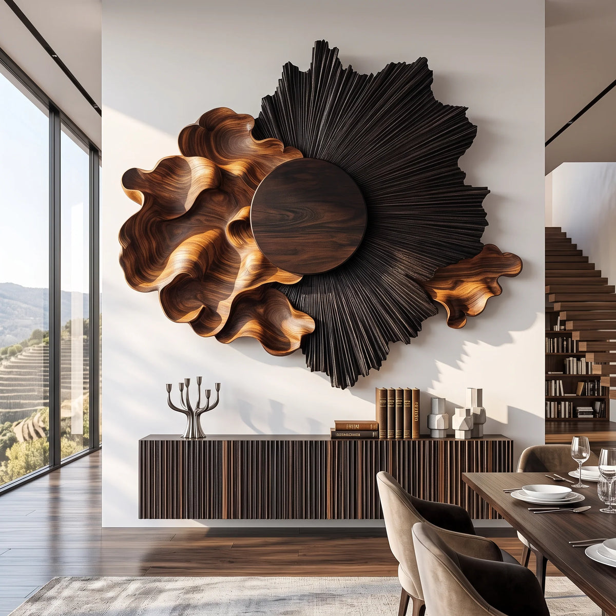 Radiant Black Sun Solid Wood Wall Sculpture with Flowing Organic Wave Design