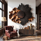 Radiant Black Sun Solid Wood Wall Sculpture with Flowing Organic Wave Design