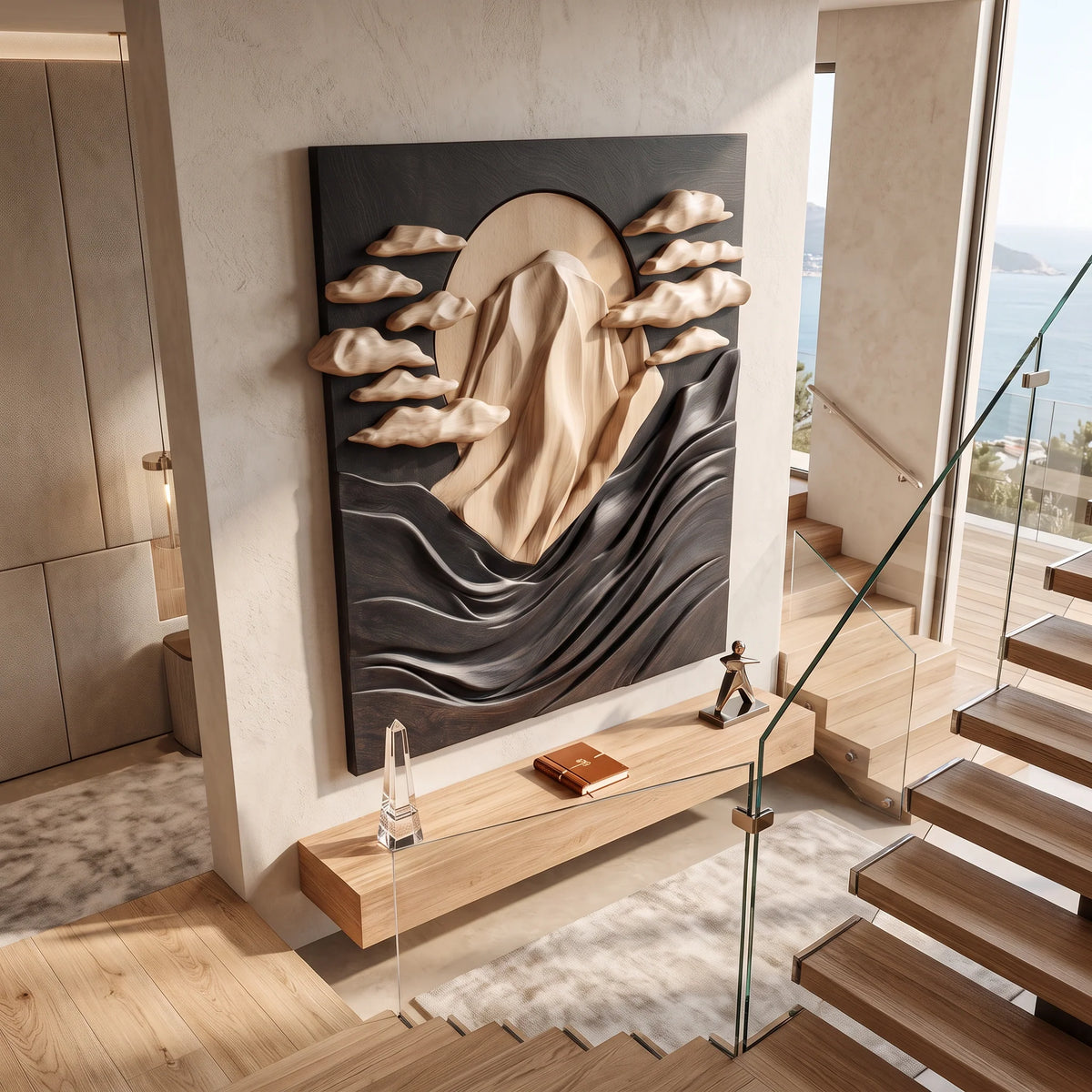Solid Wood Wall Sculpture with Mountain Peak, Rising Sun and Flowing Wave Relief