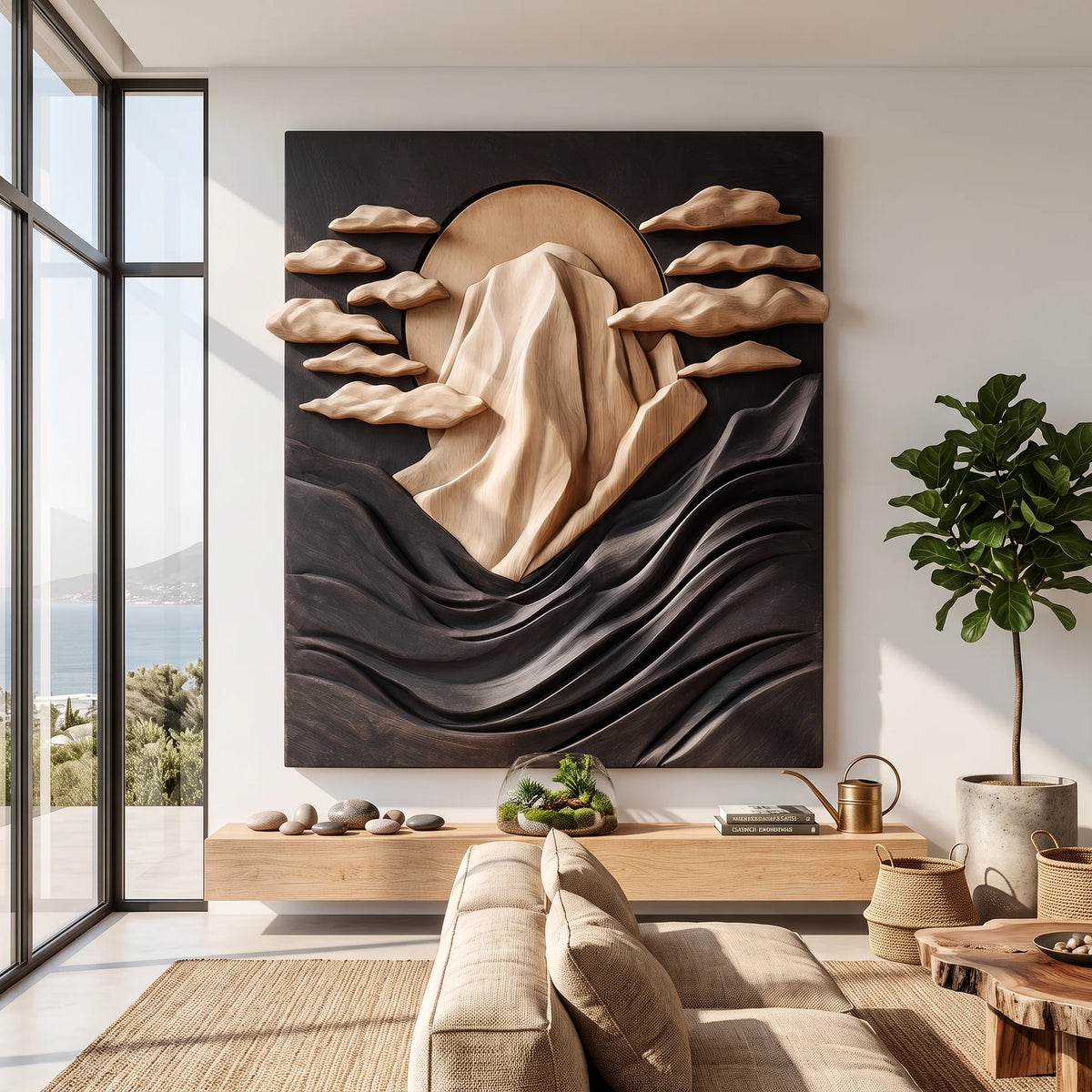 Solid Wood Wall Sculpture with Mountain Peak, Rising Sun and Flowing Wave Relief