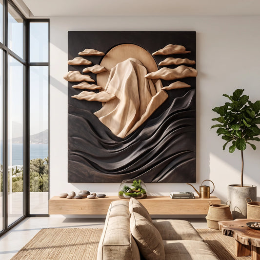 Solid Wood Wall Sculpture with Mountain Peak, Rising Sun and Flowing Wave Relief