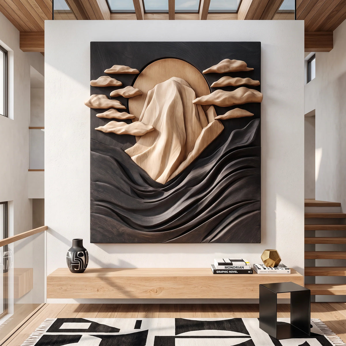 Solid Wood Wall Sculpture with Mountain Peak, Rising Sun and Flowing Wave Relief