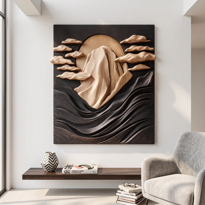 Solid Wood Wall Sculpture with Mountain Peak, Rising Sun and Flowing Wave Relief