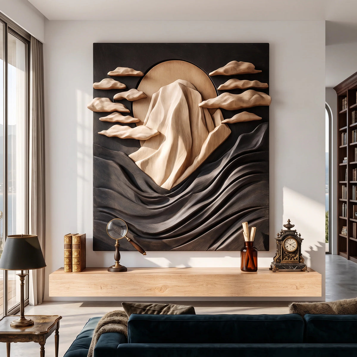 Solid Wood Wall Sculpture with Mountain Peak, Rising Sun and Flowing Wave Relief