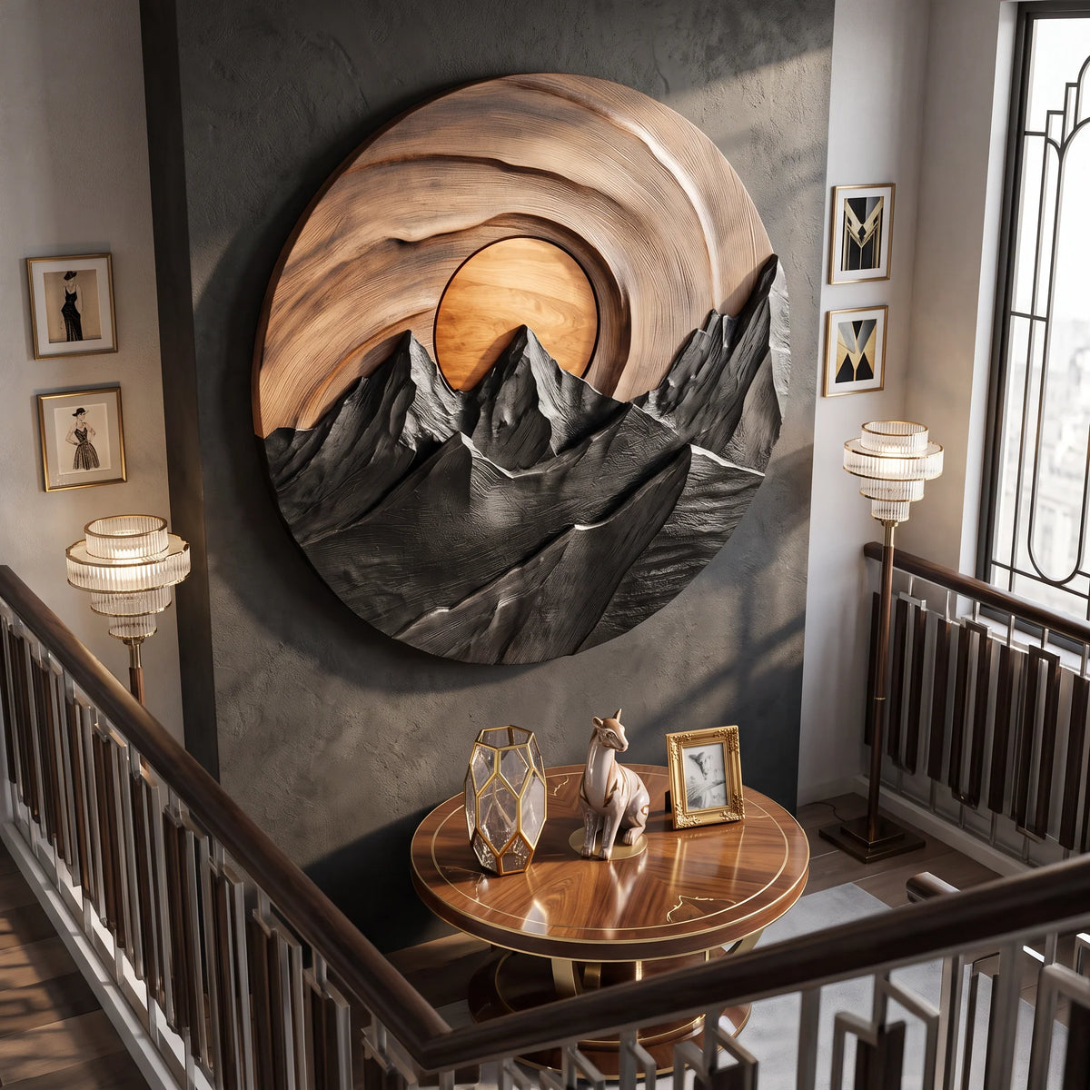 Mountain Sunset Wooden Wall Sculpture for Modern Nature-Inspired Home Decor
