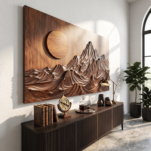 Wooden Mountain Sunrise Wall Sculpture with Layered Peaks and Flowing Ridges