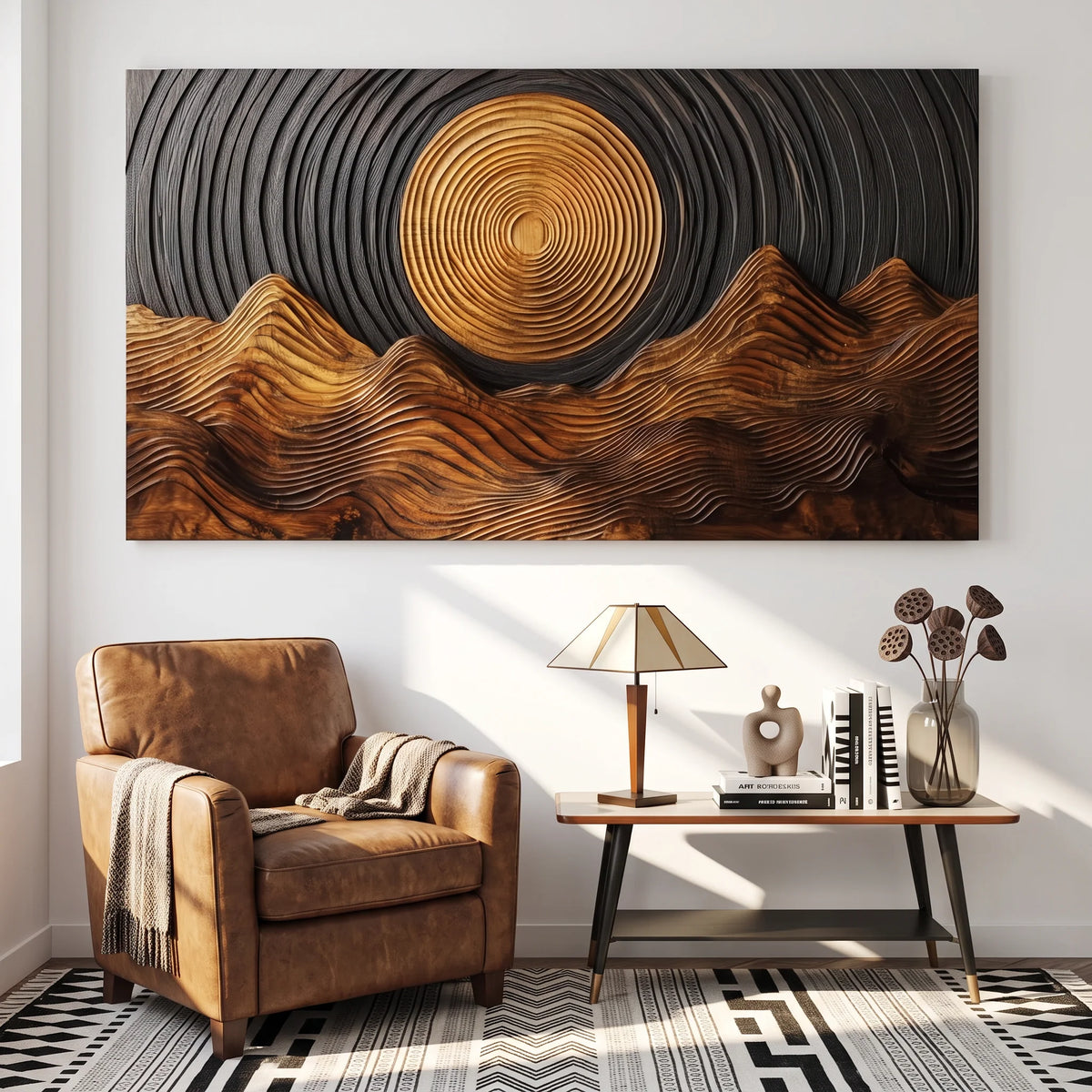 Wooden Wall Sculpture with Golden Sun and Flowing Mountain Ridges