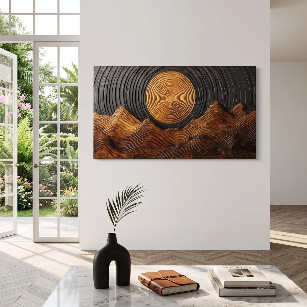 Wooden Wall Sculpture with Golden Sun and Flowing Mountain Ridges