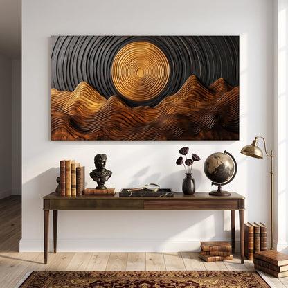 Wooden Wall Sculpture with Golden Sun and Flowing Mountain Ridges
