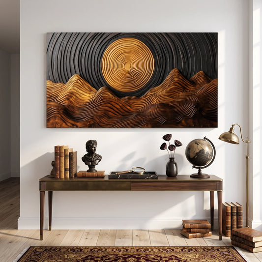 Wooden Wall Sculpture with Golden Sun and Flowing Mountain Ridges