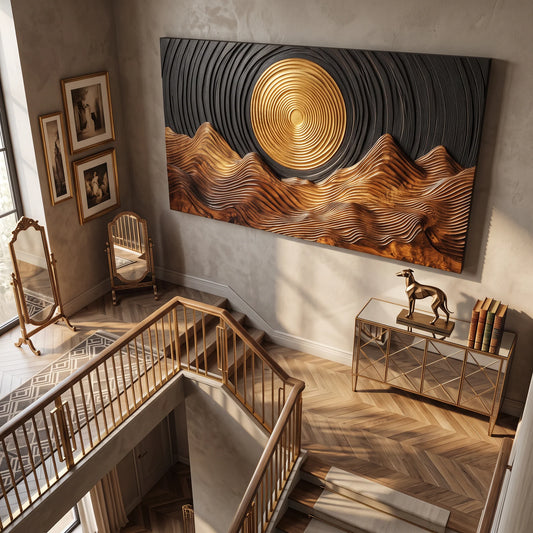 Wooden Wall Sculpture with Golden Sun and Flowing Mountain Ridges