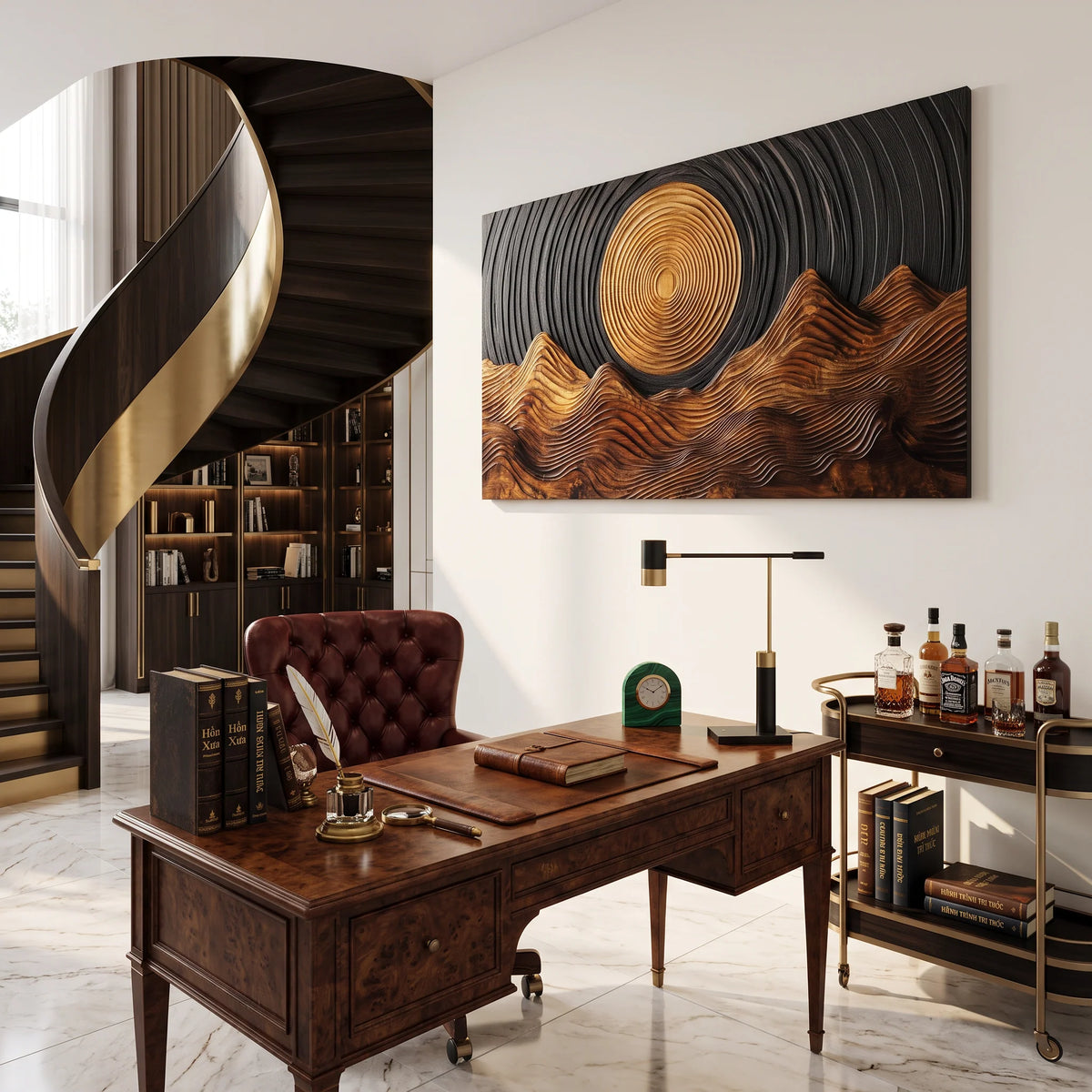 Wooden Wall Sculpture with Golden Sun and Flowing Mountain Ridges