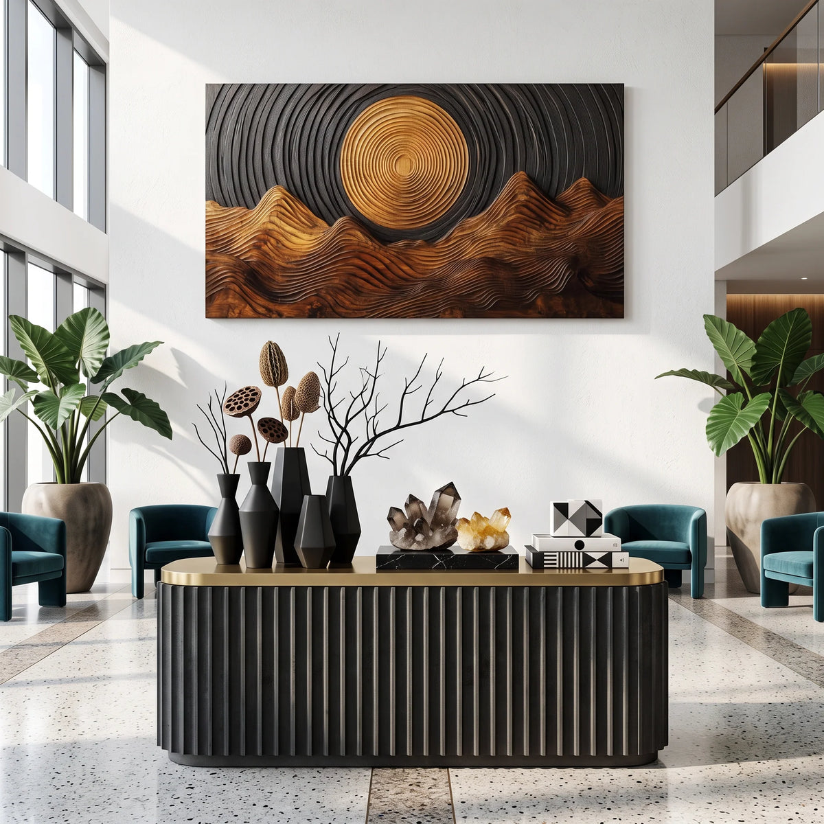 Wooden Wall Sculpture with Golden Sun and Flowing Mountain Ridges