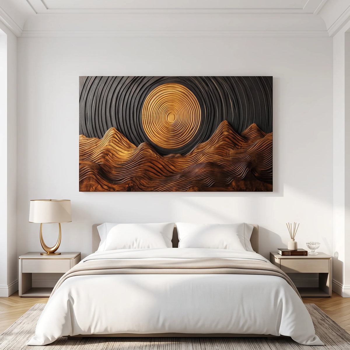 Wooden Wall Sculpture with Golden Sun and Flowing Mountain Ridges