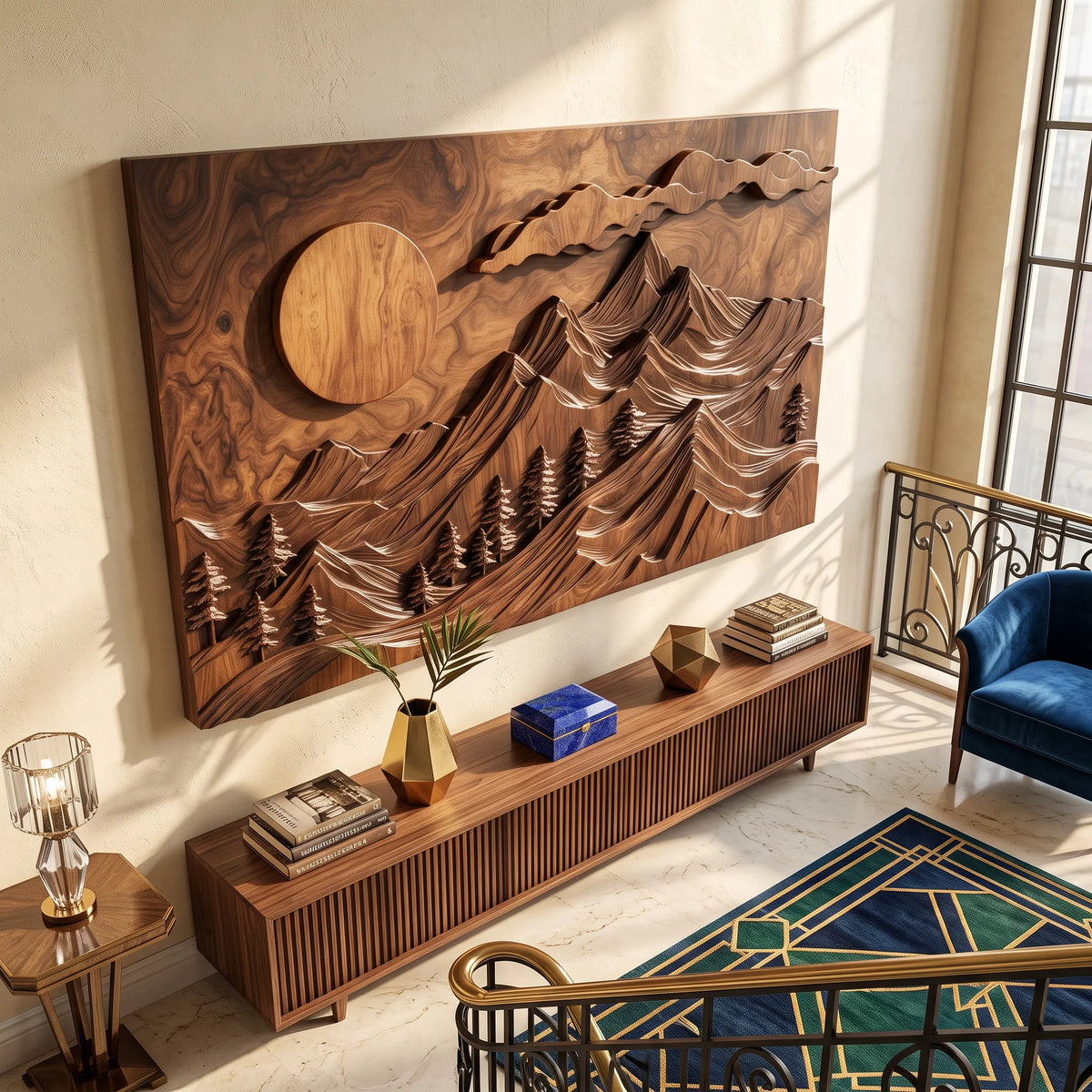 Mountain Forest Wall Sculpture with Rising Sun and Layered Peaks