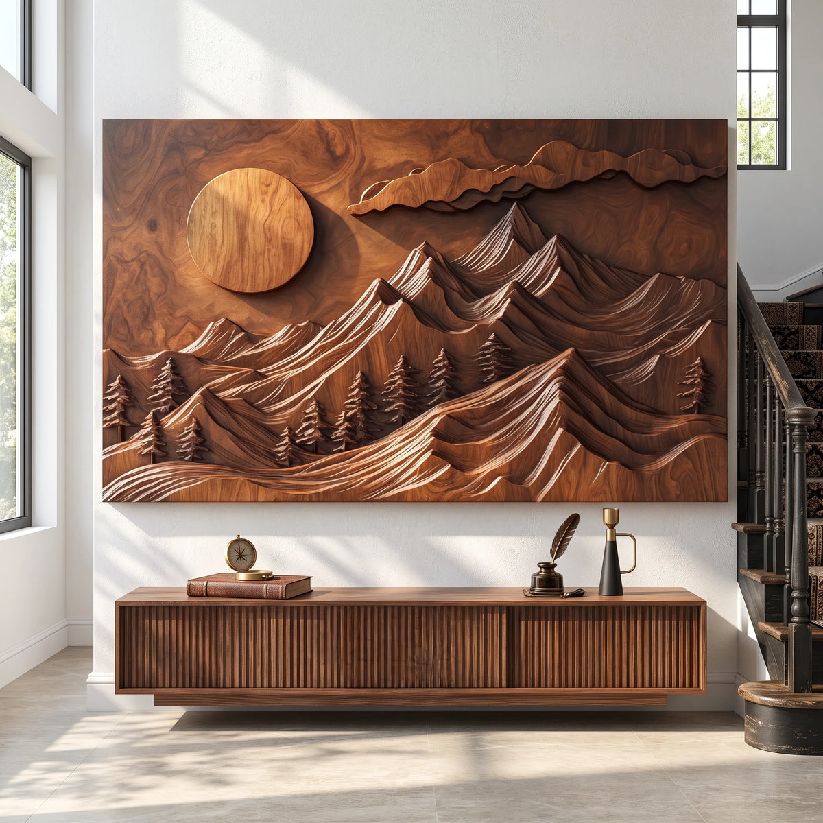 Mountain Forest Wall Sculpture with Rising Sun and Layered Peaks