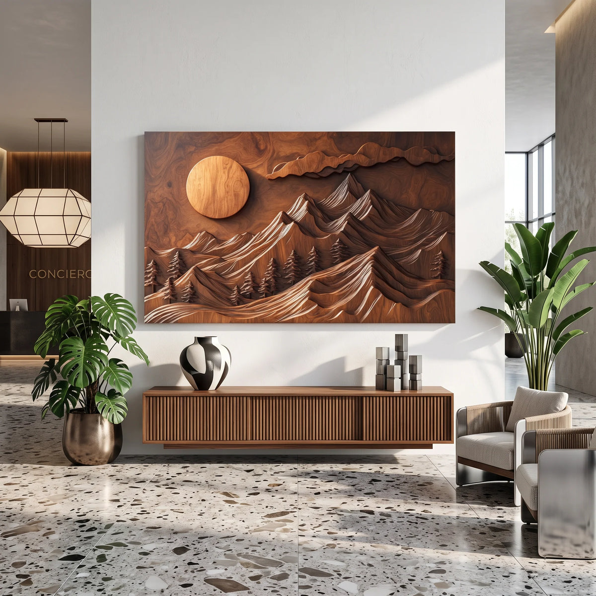 Mountain Forest Wall Sculpture with Rising Sun and Layered Peaks