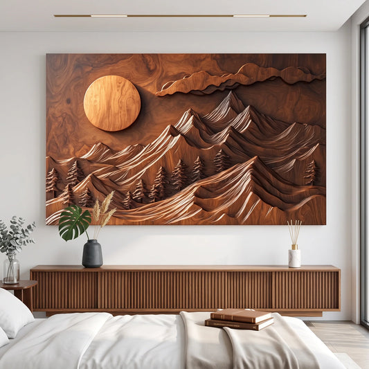 Mountain Forest Wall Sculpture with Rising Sun and Layered Peaks