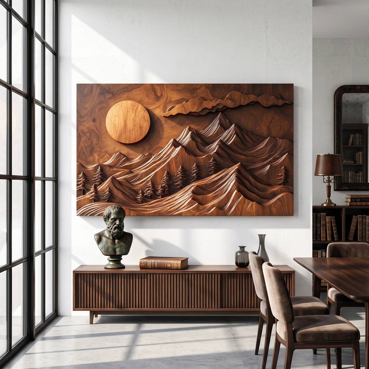 Mountain Forest Wall Sculpture with Rising Sun and Layered Peaks