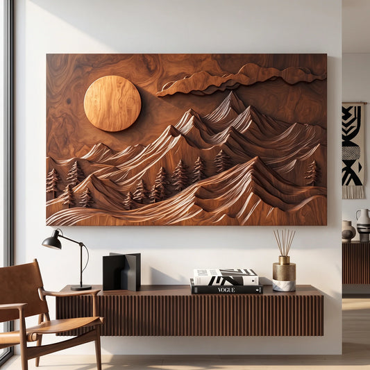 Mountain Forest Wall Sculpture with Rising Sun and Layered Peaks