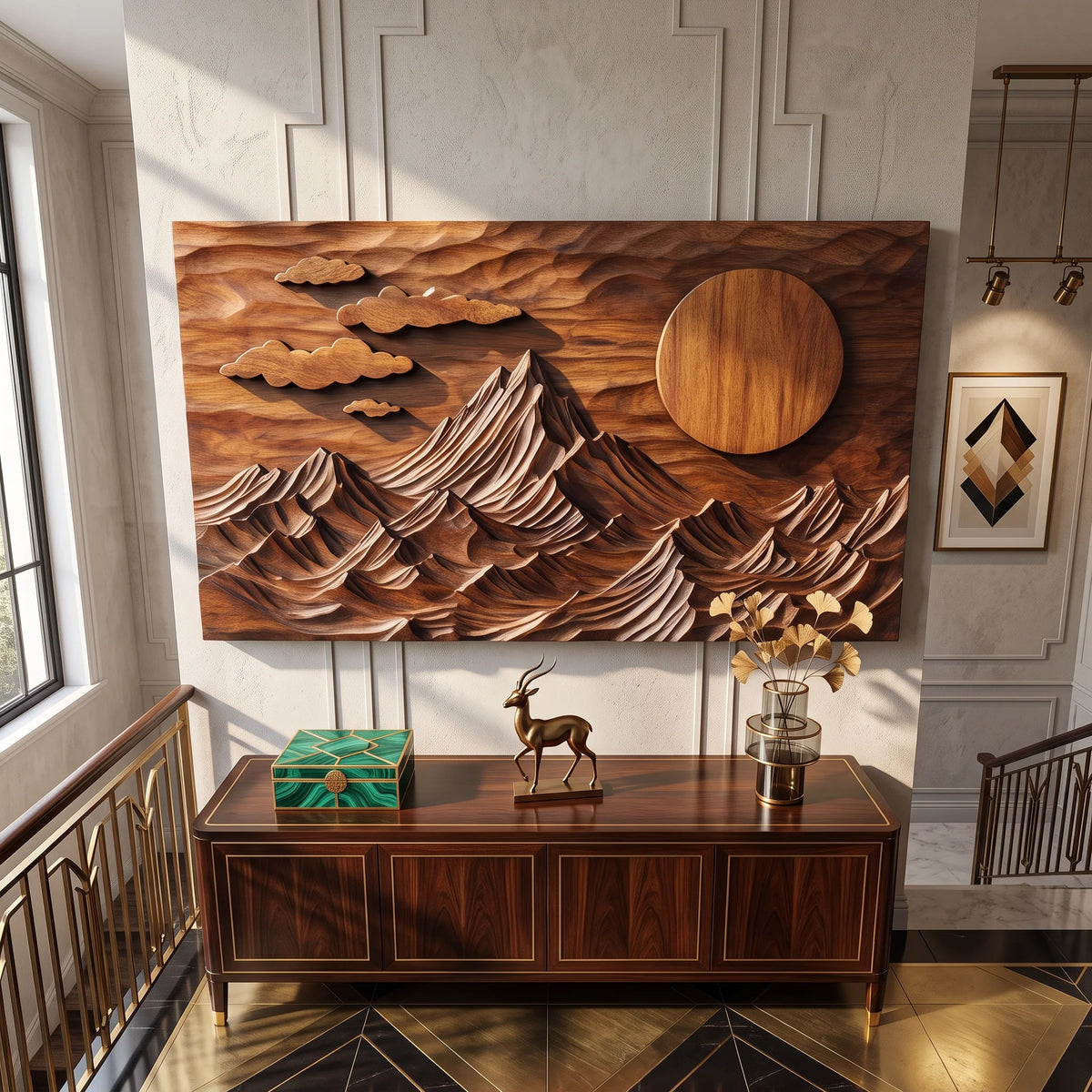 Wall Sculpture Mountain Landscape with Sun and Floating Clouds