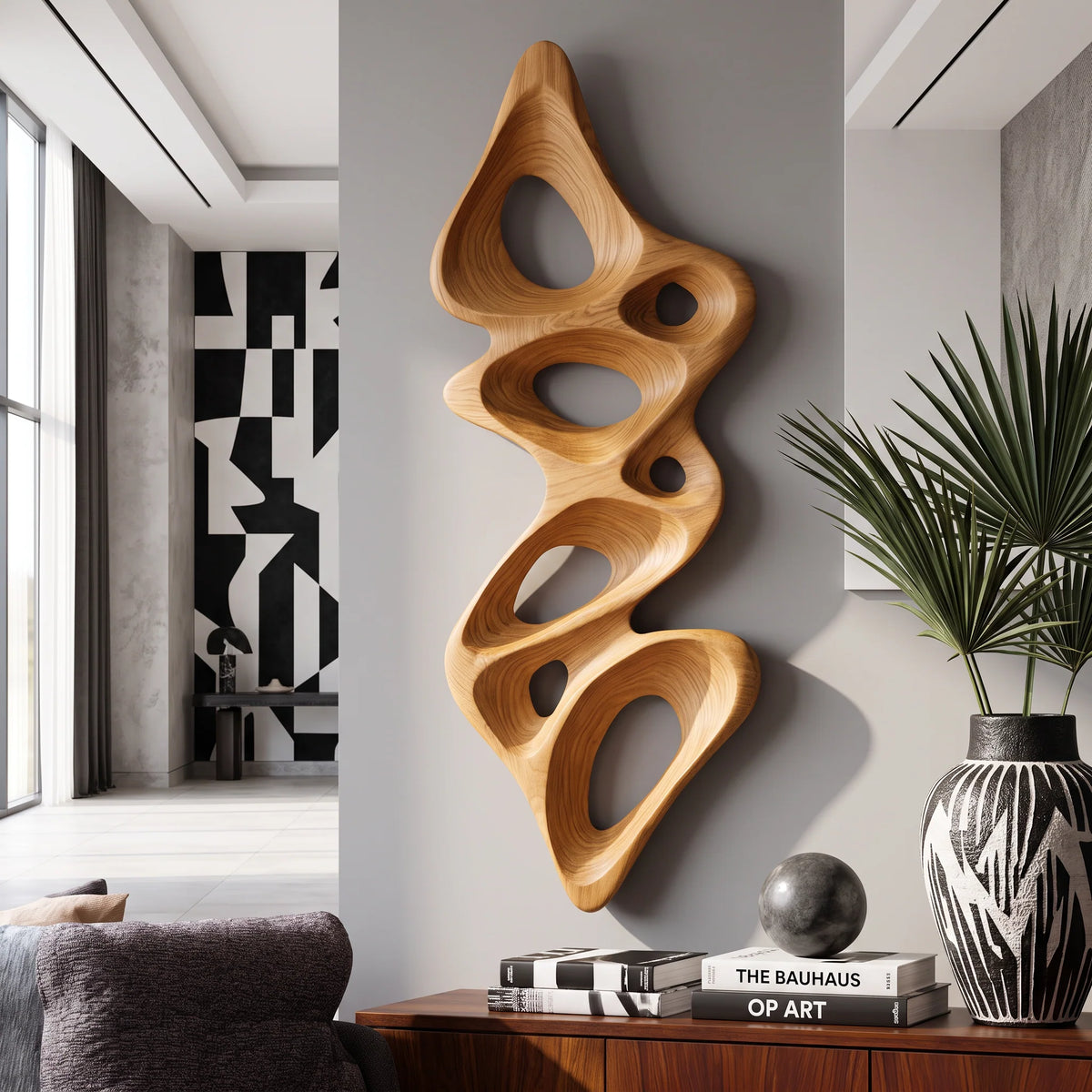 Vertical Flow – Abstract Wall Sculpture with Organic Carved Openings