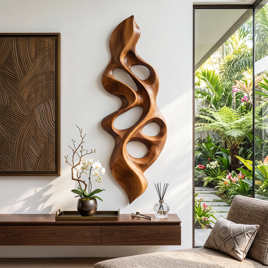 Vertical Flame – Abstract Wooden Wall Sculpture with Organic Openings