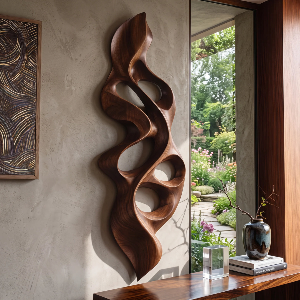 Vertical Flame – Abstract Wooden Wall Sculpture with Organic Openings