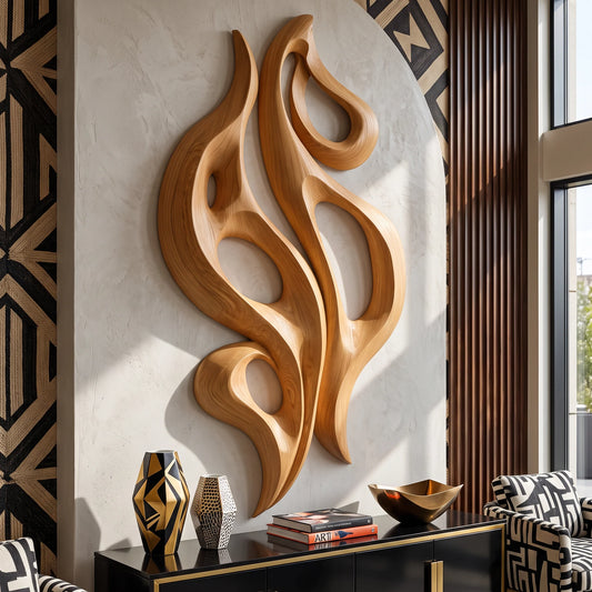Dancing Flame – Abstract Wooden Wall Sculpture with Open Forms