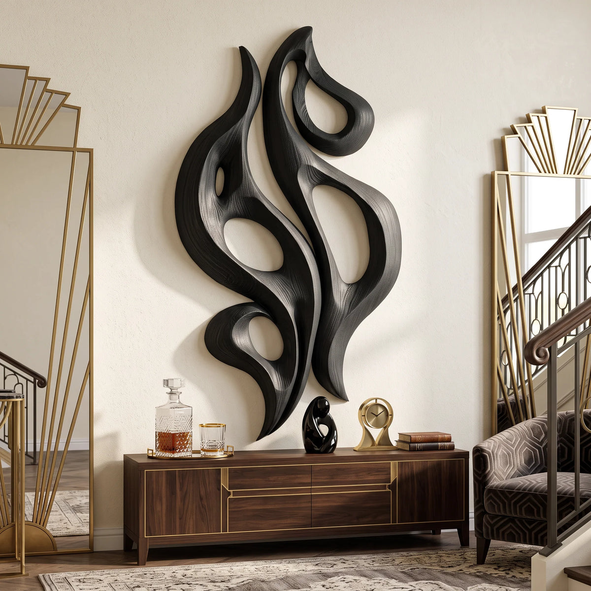 Dancing Flame – Abstract Wooden Wall Sculpture with Open Forms