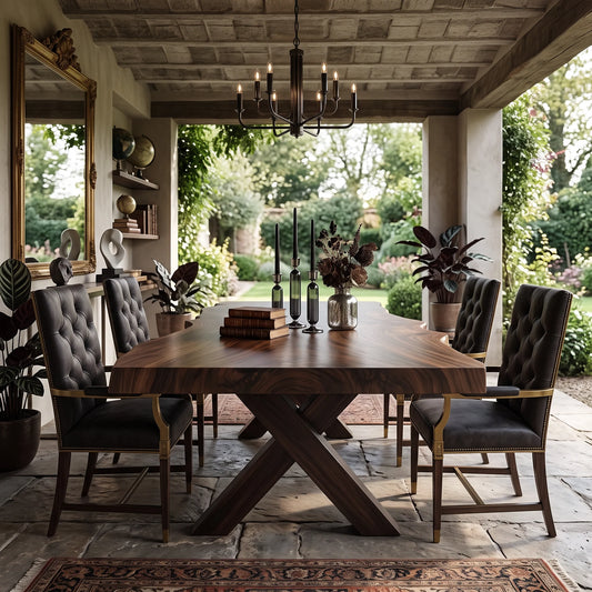 Live Edge Solid Wood Dining Table with Sculptural X-Shaped Base