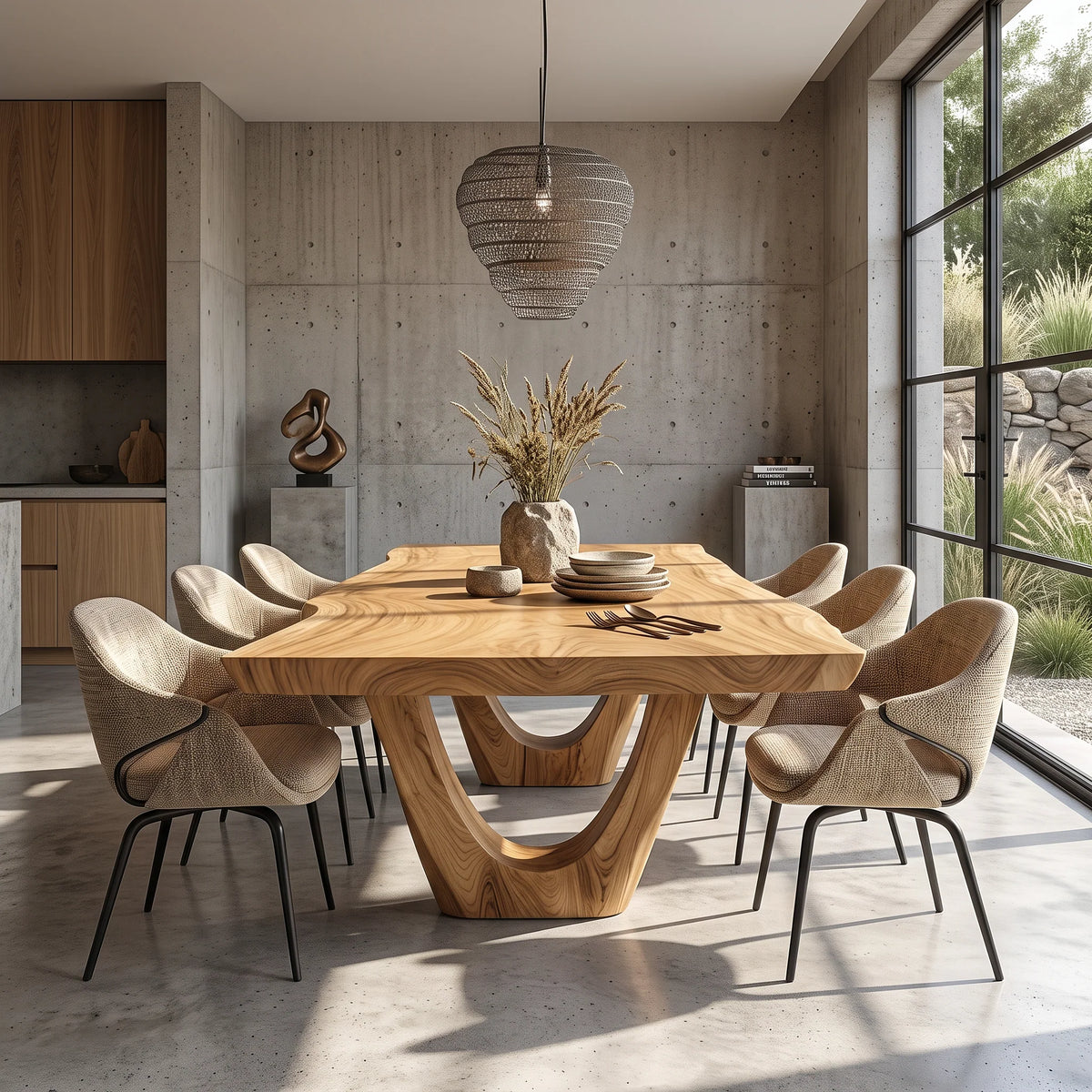 Organic Solid Wood Dining Table with Sculptural U-Shaped Base