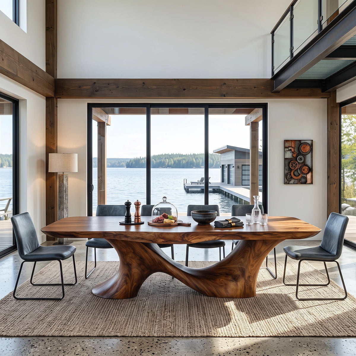 Organic Solid Wood Dining Table with Sculptural Twin-Curve Base