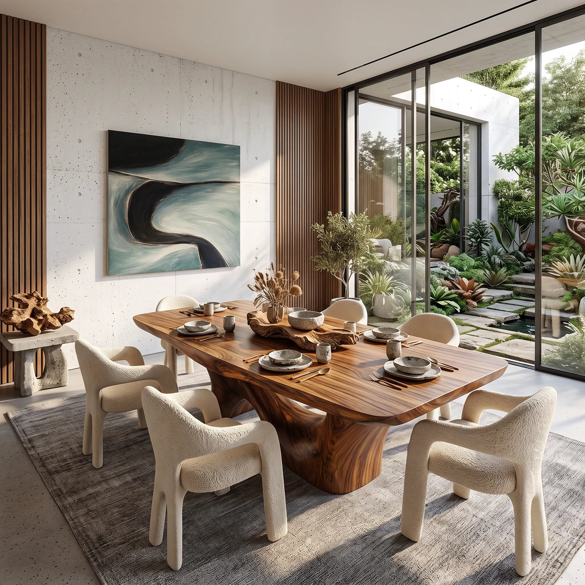 Organic Solid Wood Dining Table with Sculptural Twin-Curve Base