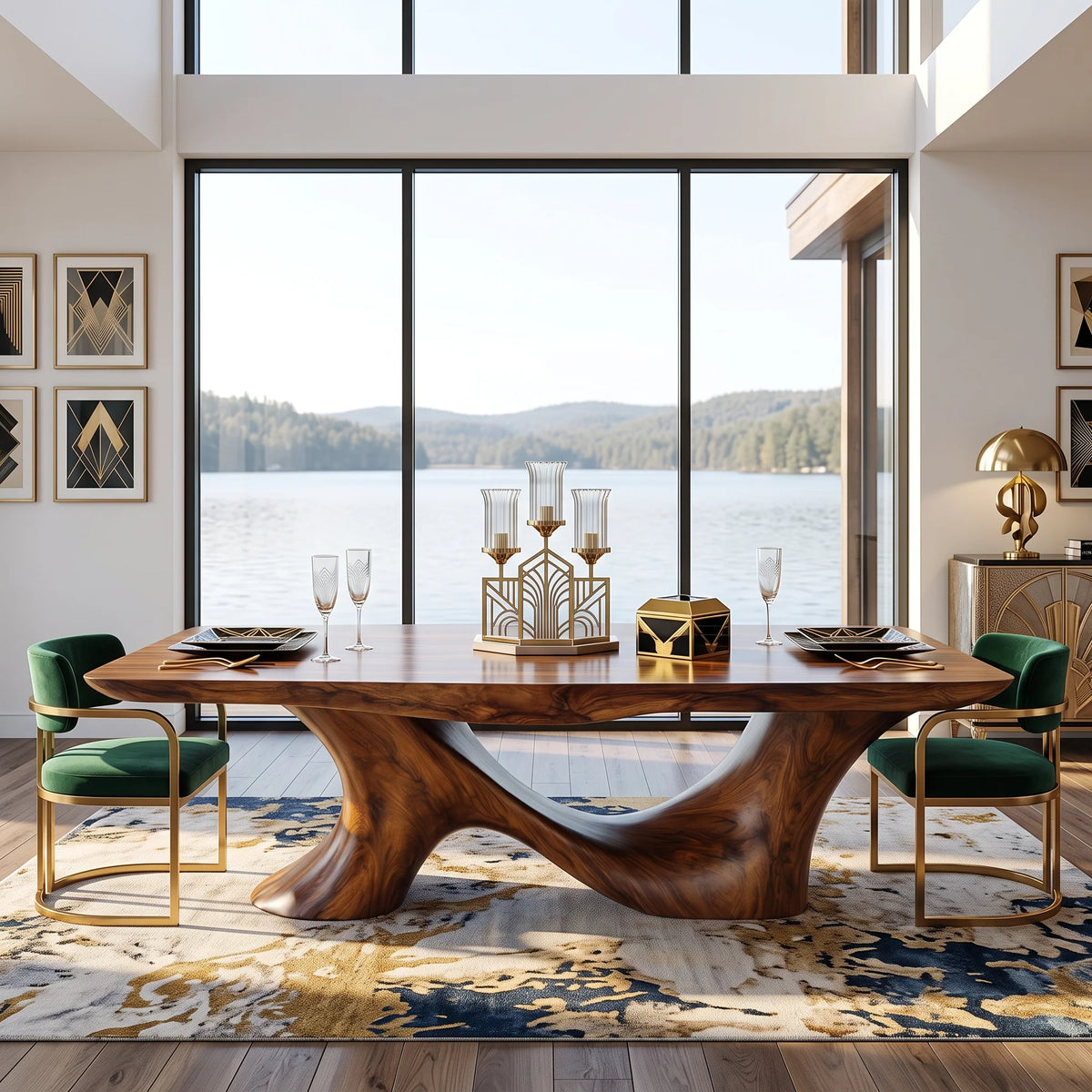 Organic Solid Wood Dining Table with Sculptural Twin-Curve Base