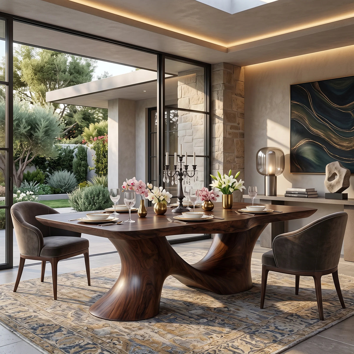 Organic Solid Wood Dining Table with Sculptural Twin-Curve Base