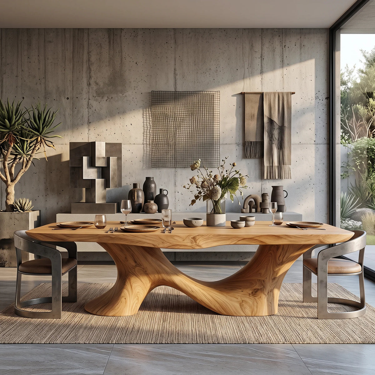 Organic Solid Wood Dining Table with Sculptural Twin-Curve Base