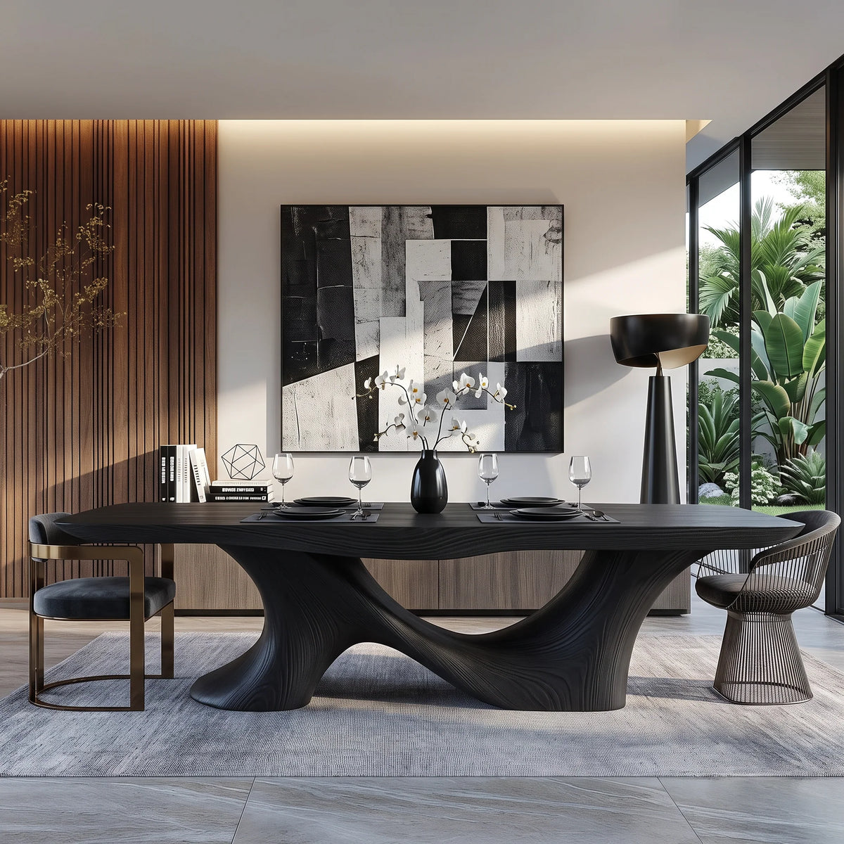 Organic Solid Wood Dining Table with Sculptural Twin-Curve Base