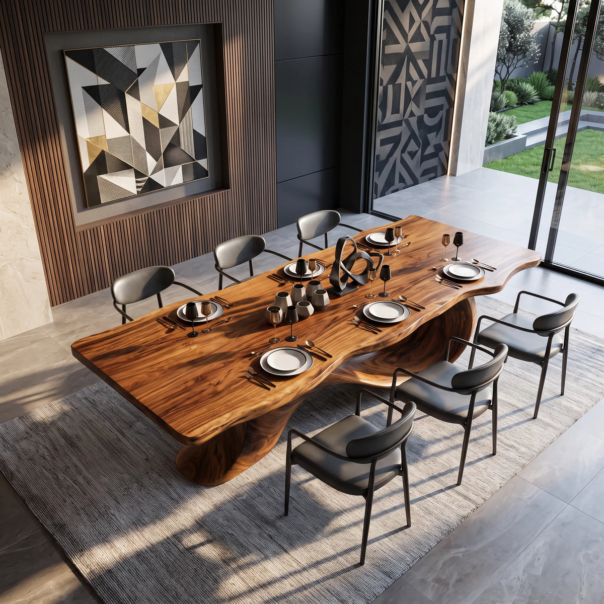 Organic Solid Wood Dining Table with Sculptural Wave Base
