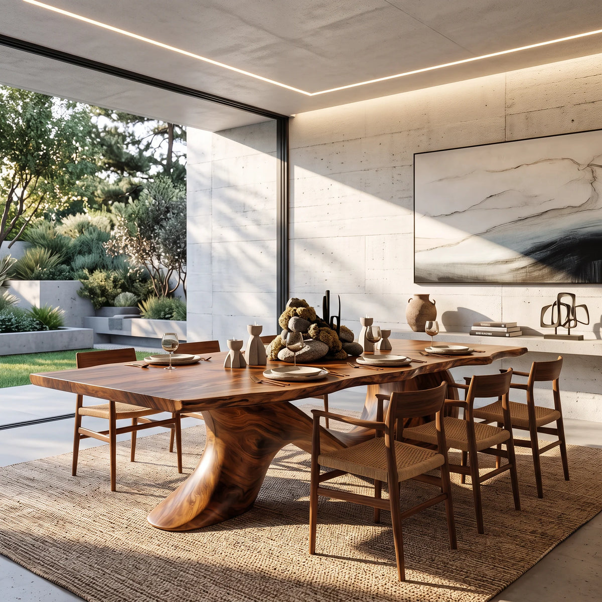 Organic Solid Wood Dining Table with Sculptural Wave Base