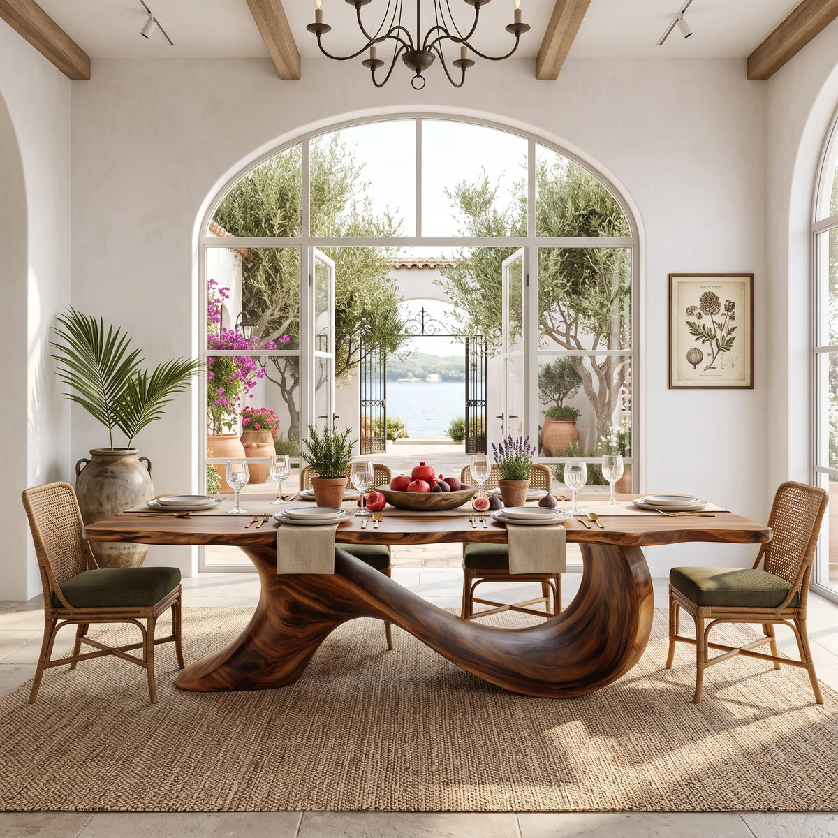 Organic Solid Wood Dining Table with Sculptural Wave Base
