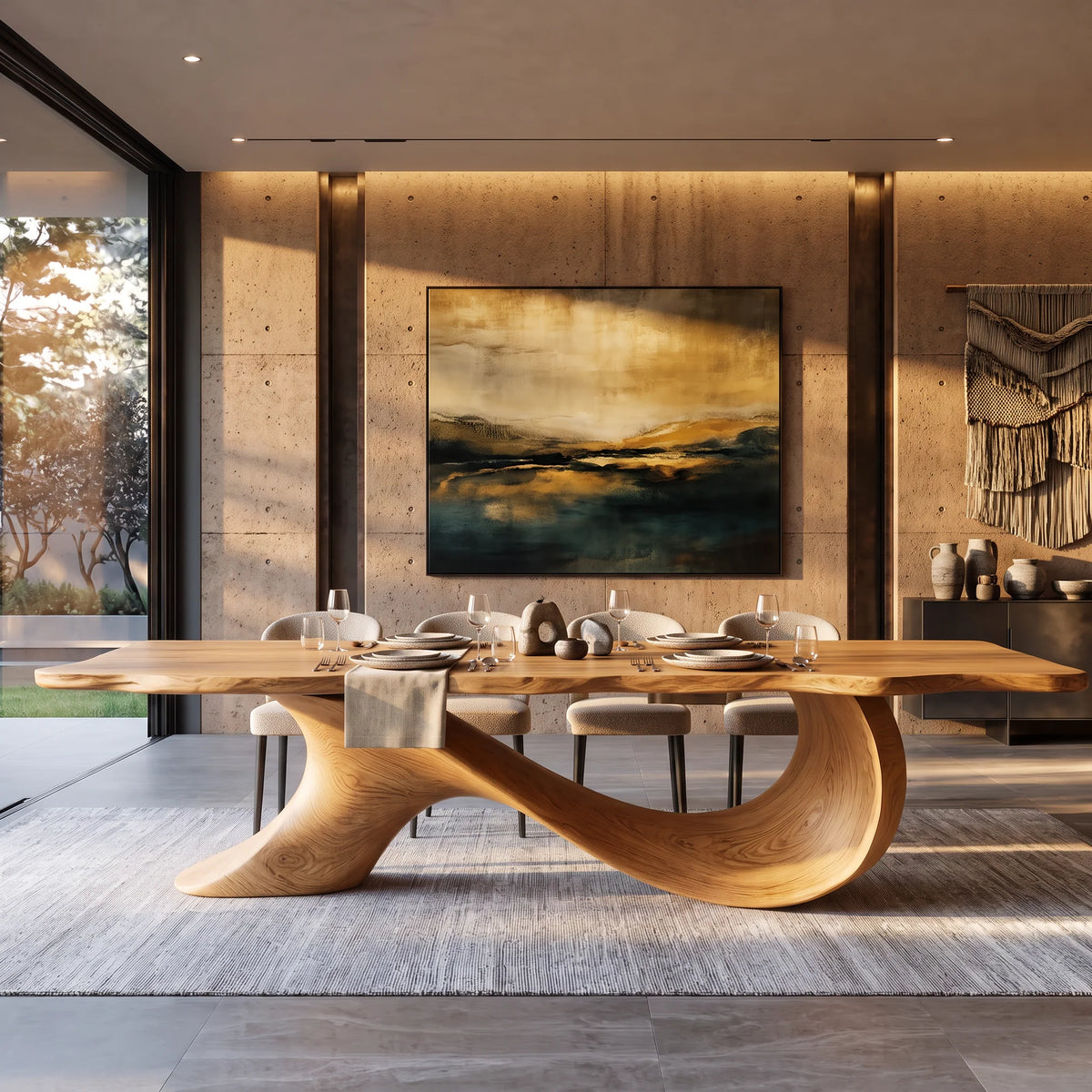 Organic Solid Wood Dining Table with Sculptural Wave Base