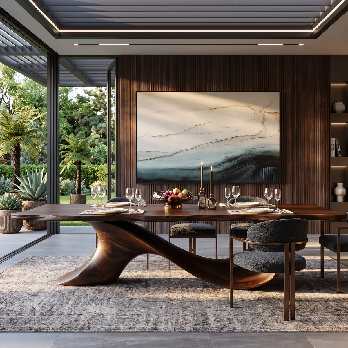 Organic Solid Wood Dining Table with Sculptural Wave Base