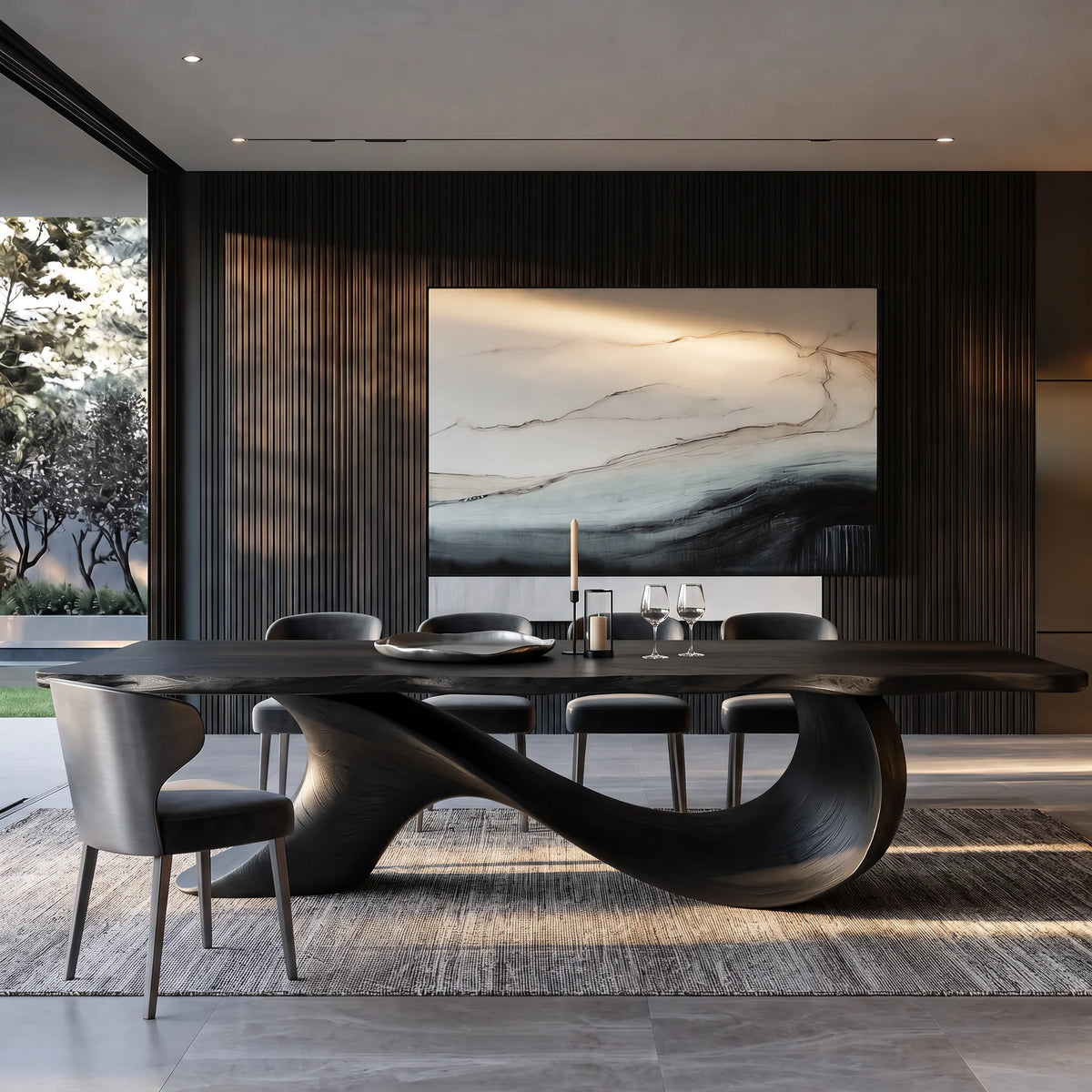 Organic Solid Wood Dining Table with Sculptural Wave Base