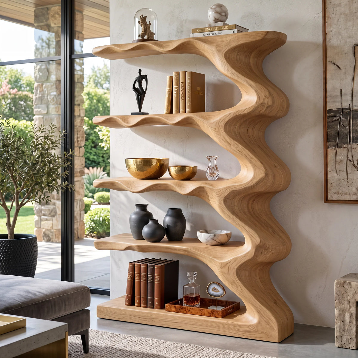 Wave Harmony – Organic Solid Wood Bookcase with Flowing Wave Shelves