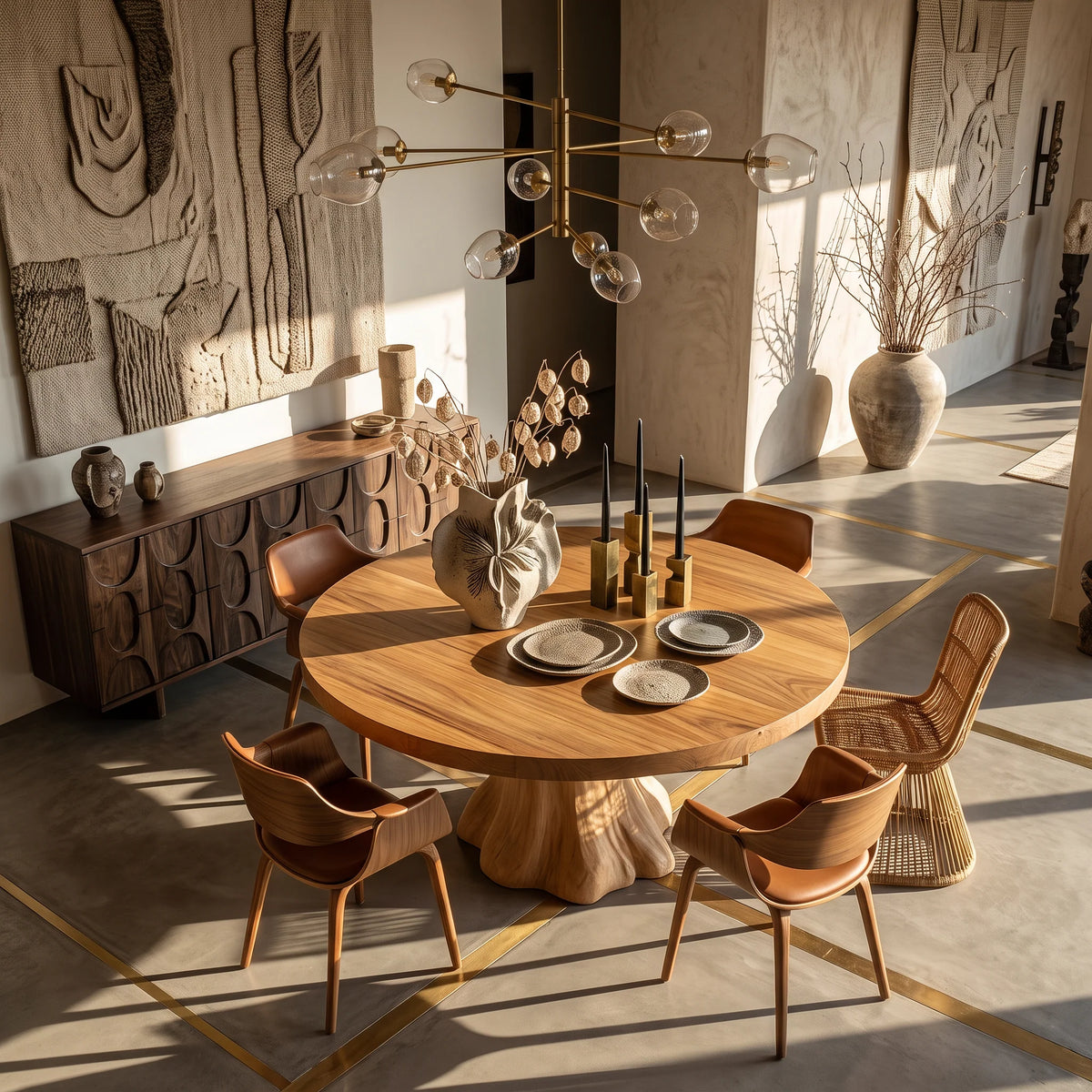 Round Solid Wood Dining Table with Sculptural Flared Pedestal Base