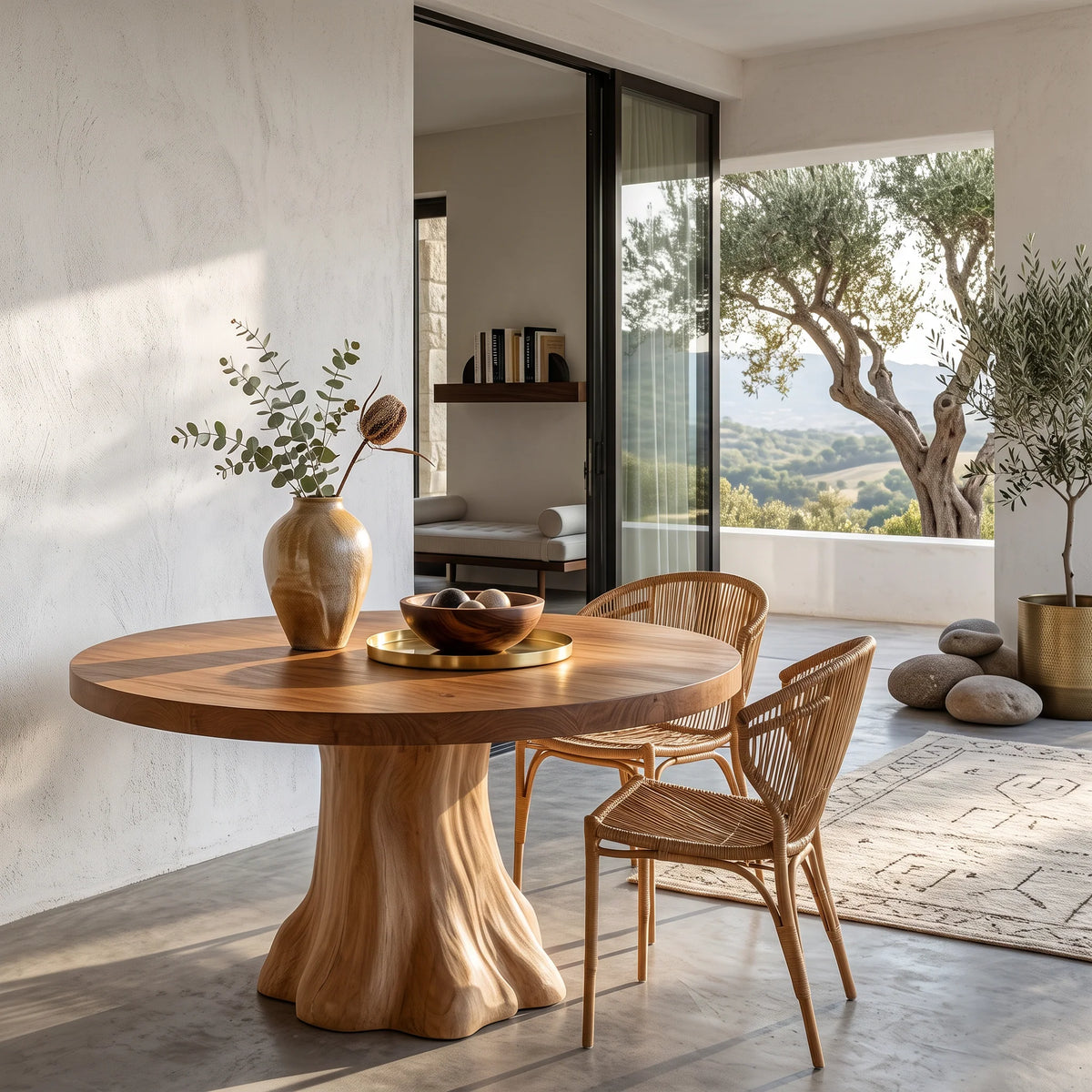 Round Solid Wood Dining Table with Sculptural Flared Pedestal Base